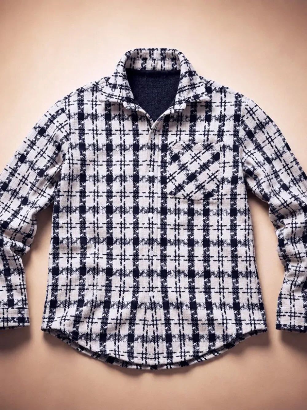 White black Plaid Boucle Shacket Fleece Lined Button Front Jacket